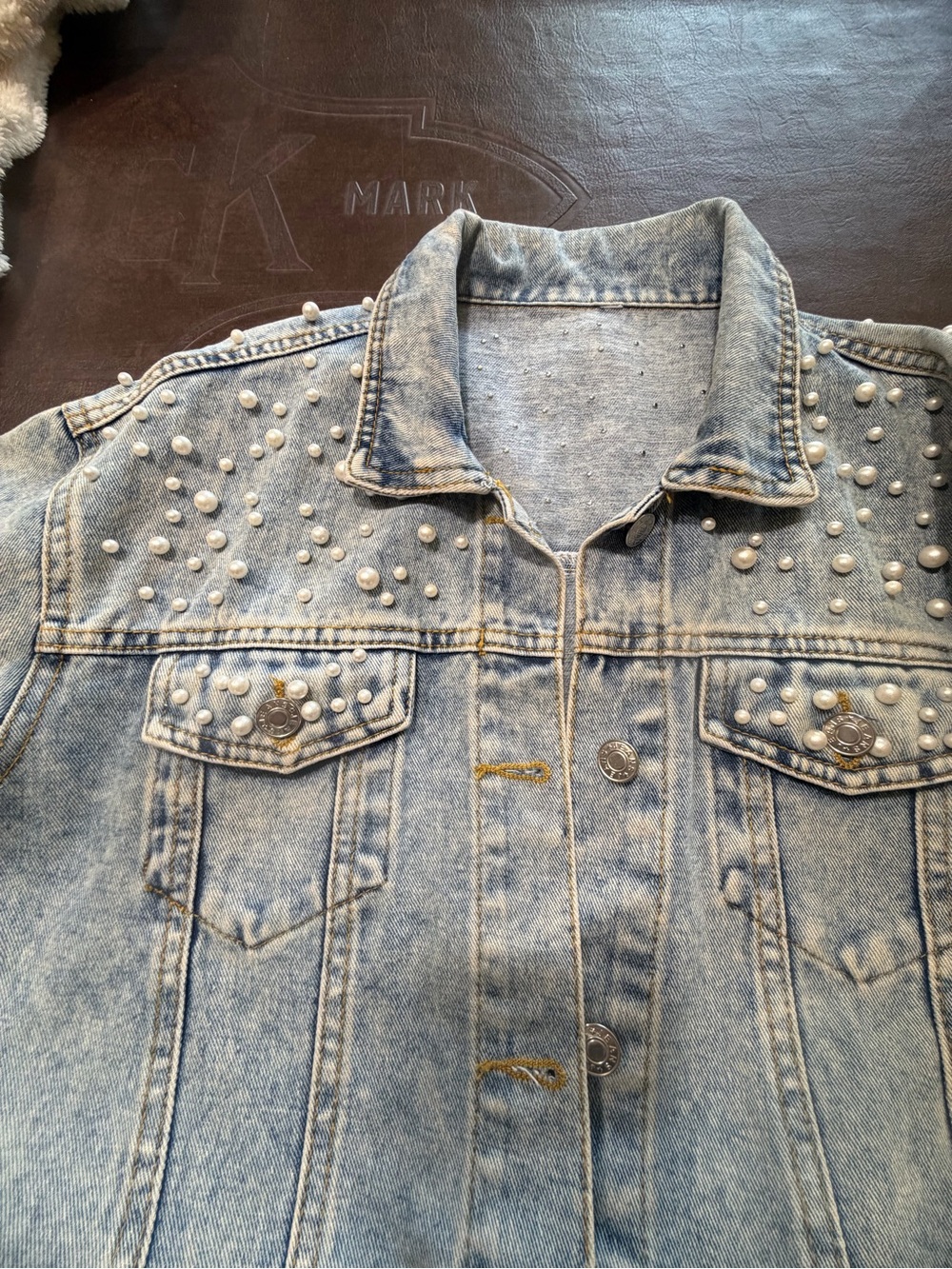 MARBLE Light Blue Denim Jacket with Pearl Embellishments - Picture 2 of 6